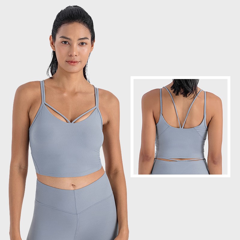 Women ribbed crop top spaghetti strap sports bra (GRAY)