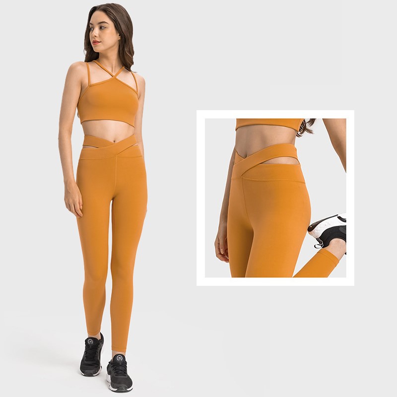 Women cross hollow out waistband leggings (GOLD ORANGE)